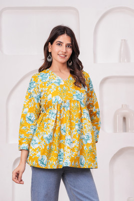 Ngised Women Printed Straight Kurta(Yellow)