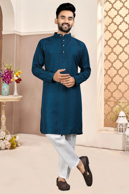 FOXDX Men Embellished Straight Kurta(Dark Green)