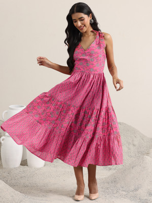 LIBAS Women Printed Flared Kurta(Pink)