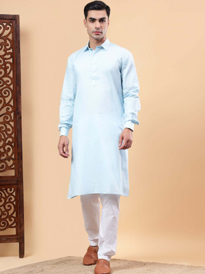 Yugnik Men Solid A-line Kurta(Blue)