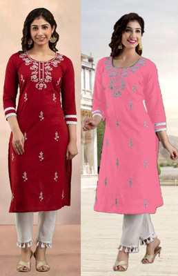 SISTO Women Embroidered Straight Kurta(Pink, Maroon)
