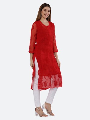 FAWOMENT Women Chikan Embroidery Straight Kurta(Red)