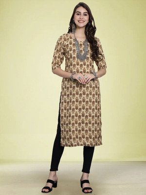 Moda Rapido Women Floral Print Straight Kurta(Beige)