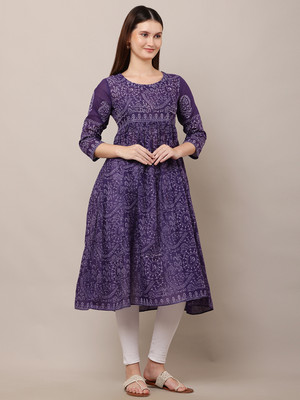 PSMAAG Women Block Print Anarkali Kurta(Purple)