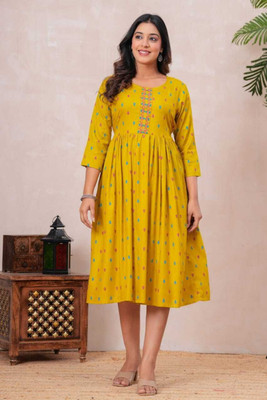 meyora Women Printed Anarkali Kurta(Yellow)