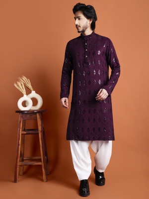 TIBRA Men Self Design Straight Kurta(Purple)