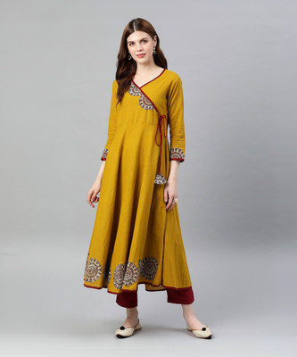 Yash Gallery Women Printed Flared Kurta(Yellow)