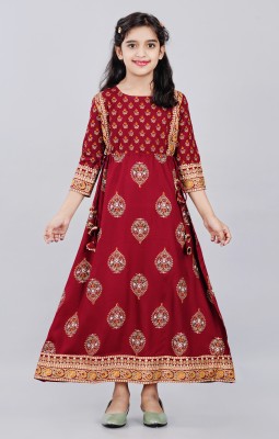 DMP FASHION Indi Girls Maxi/Full Length Casual Dress(Maroon, 3/4 Sleeve)