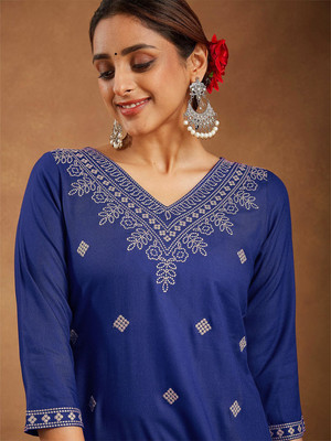 Janasya Women Embroidered Straight Kurta(Blue)