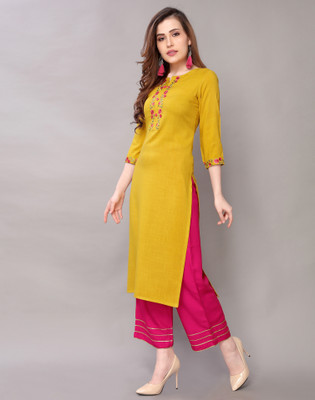 Skylee Women Embellished, Embroidered, Self Design Straight Kurta(Yellow)