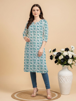 ATCreation Women Printed Straight Kurta(White, Green)