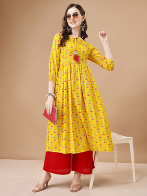 berrylicious Women Floral Print, Printed Flared Kurta(Yellow)