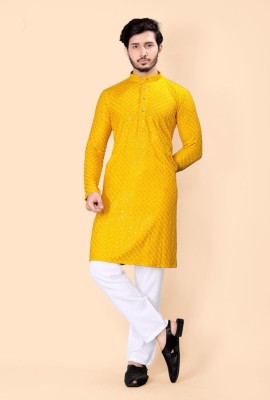 Shree Dutt Creation Men Chikan Embroidery Straight Kurta(Yellow)