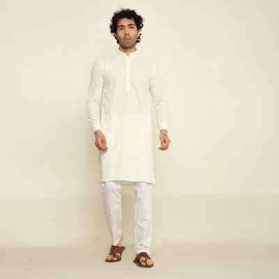 Crease India Men Chikan Embroidery Straight Kurta(White)