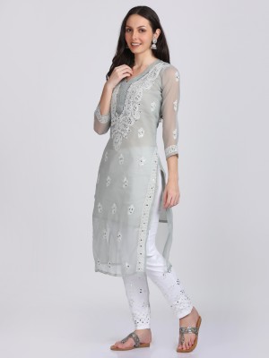 khaka Women Embellished Straight Kurta(Grey, White)