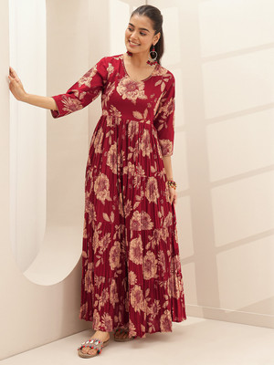 LIBAS Women Printed Flared Kurta(Maroon)