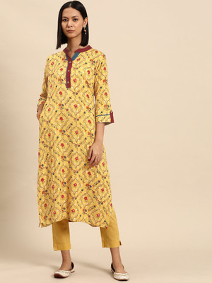 all about you Women Printed Straight Kurta(Yellow)