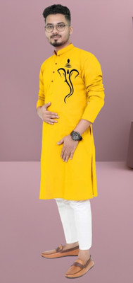 Mamta fab Men Printed Straight Kurta(Yellow)