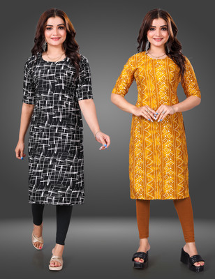 MOBHISA Women Printed Straight Kurta(Yellow)