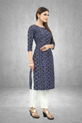 MARIDI FASHION Women Printed Straight Kurta(Dark Blue)