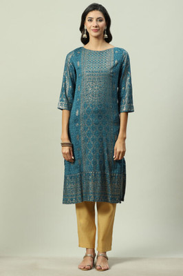 BIBA Women Printed Straight Kurta(Dark Blue)