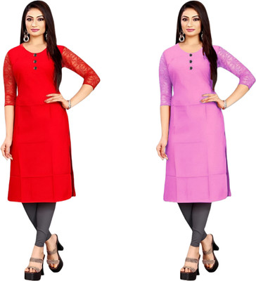HOFC Women Solid Straight Kurta(Red, Pink)