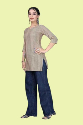 Texpa Creationkl Women Striped Straight Kurta(Beige)