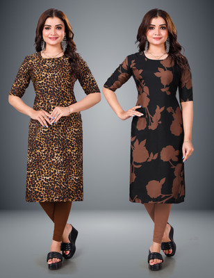 MOBHISA Women Printed Straight Kurta(Beige)