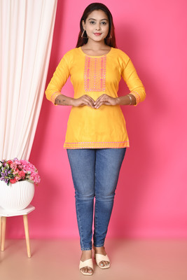 KIDDRESS Women Embroidered A-line Kurta(Yellow)