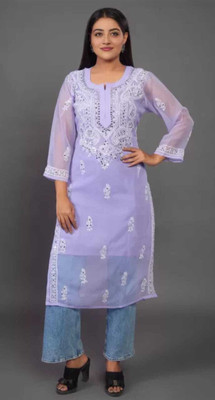 Classic Wear Women Chikan Embroidery A-line Kurta(Purple)