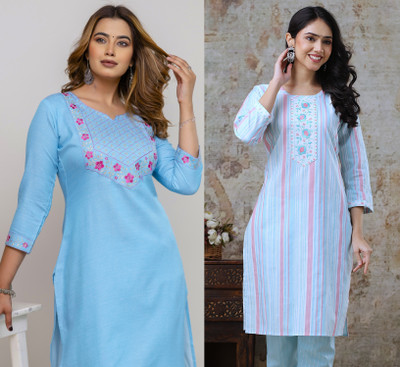 AuzaSho Collection Women Embroidered Straight Kurta(Light Blue, Pink)
