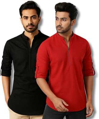 GOD HEART Men Solid Straight Kurta(Black, Red)