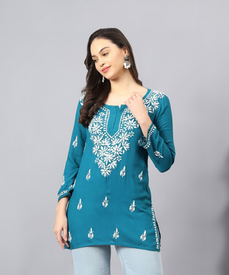 JUGNU TEXTILES Women Chikan Embroidery Straight Kurta(Blue)