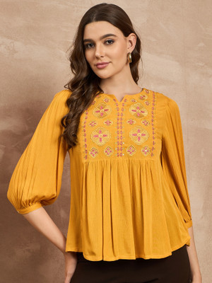 all about you Women Floral Print Cape Top Kurta(Yellow)