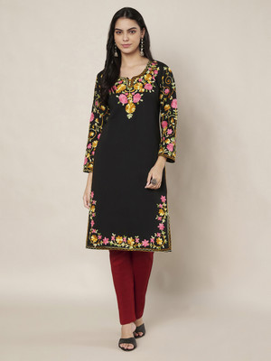 Trend Level Women Embroidered Straight Kurta(Black)