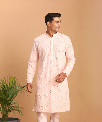 VASTRAMAY Men Self Design Straight Kurta(Pink)