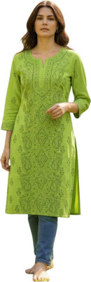 Eddika Women Embroidered Straight Kurta(Green)