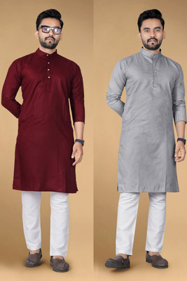 ETHNICSUTRA Men Solid Straight Kurta(Maroon, Grey)