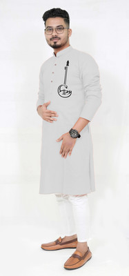 Rainbow Cloths Men Printed Straight Kurta(Grey)