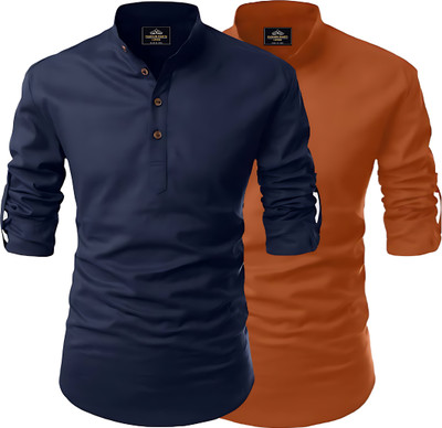 Fashion Marts Men Solid, Self Design Straight Kurta(Light Blue, Brown)
