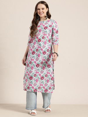 HERE&NOW Women Floral Print A-line Kurta(Pink)
