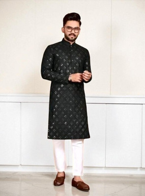 Biswas Fab Men Embroidered, Embellished Straight Kurta(Black)