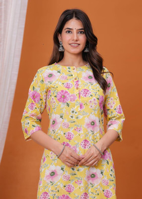 Fateh Enterprises Women Floral Print, Printed A-line Kurta(Yellow)