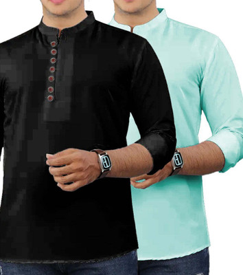 GOD HEART Men Solid Straight Kurta(Black, Green)