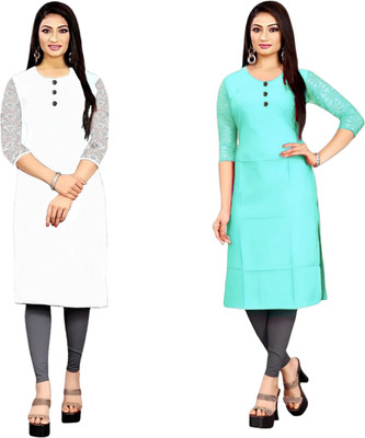 HOFC Women Solid Straight Kurta(White, Blue)