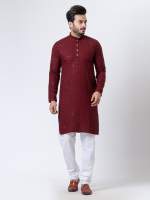 Increaft Men Chikan Embroidery A-line Kurta(Maroon)