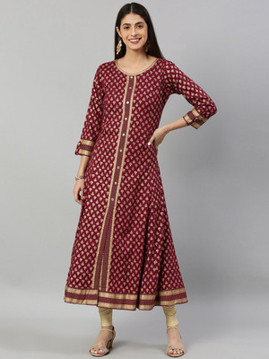 AKIKO Women Floral Print Flared Kurta(Maroon)