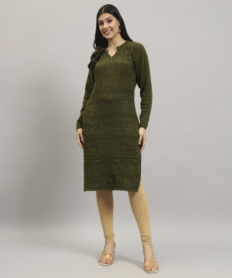 CANBLAR Women Solid Straight Kurta(Green)