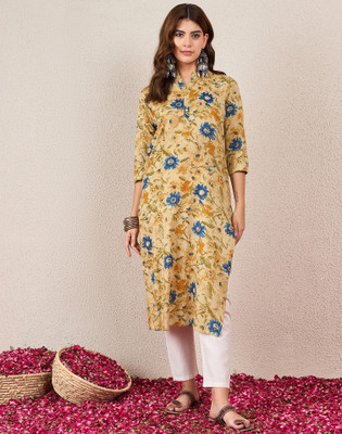 Skylee Women Floral Print, Printed, Embroidered Straight Kurta(Beige, Multicolor)