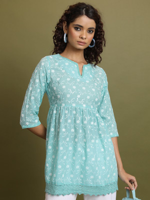 Vishudh Women Solid A-line Kurta(White, Light Blue)